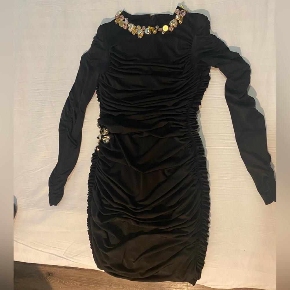 Elegant Black Ruched Dress with Jewel Accents